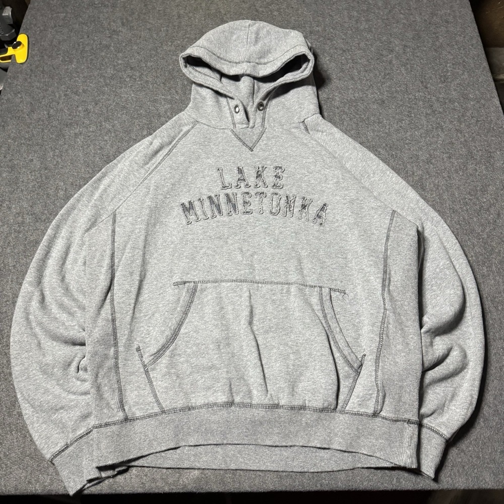 Blue 84 Lake Minnesota V Stitch‎ Applique Hoodie Mens L Gray Retro Outdoor